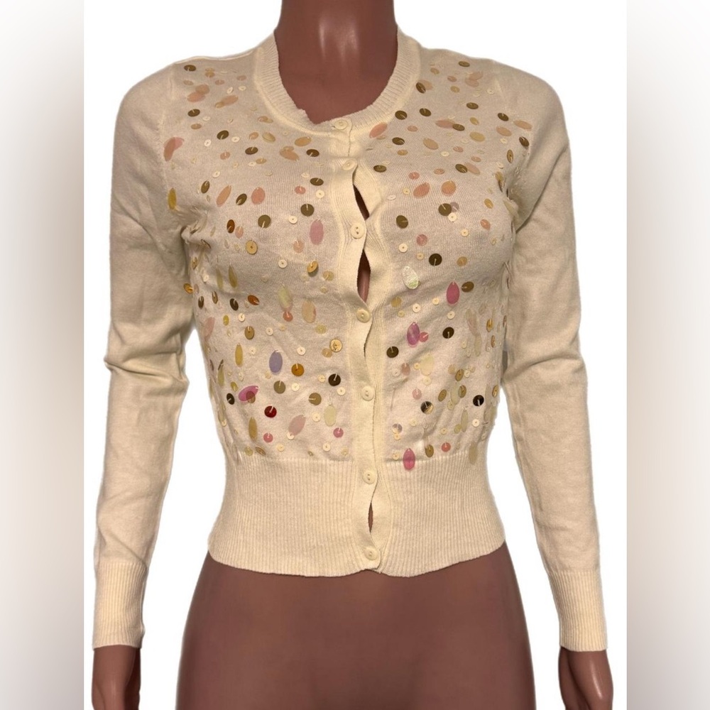 V2K Ivory Button up Front Stretchy Sequin Sweater top Knit Cardigan Holiday top